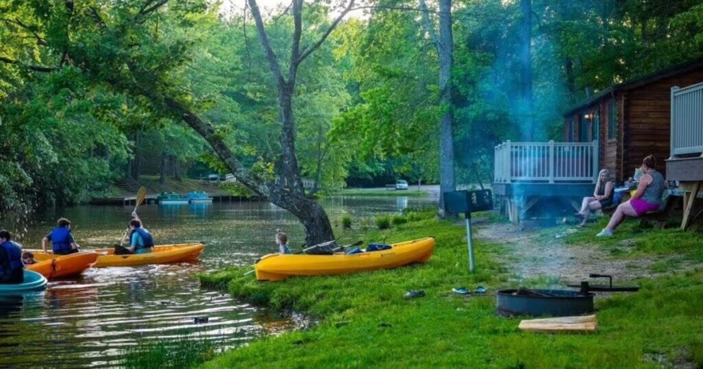 Outdoor family reunion venue in Virginia at Wilderness Presidential Resort with lake activities, cabins, and adventure recreation.
